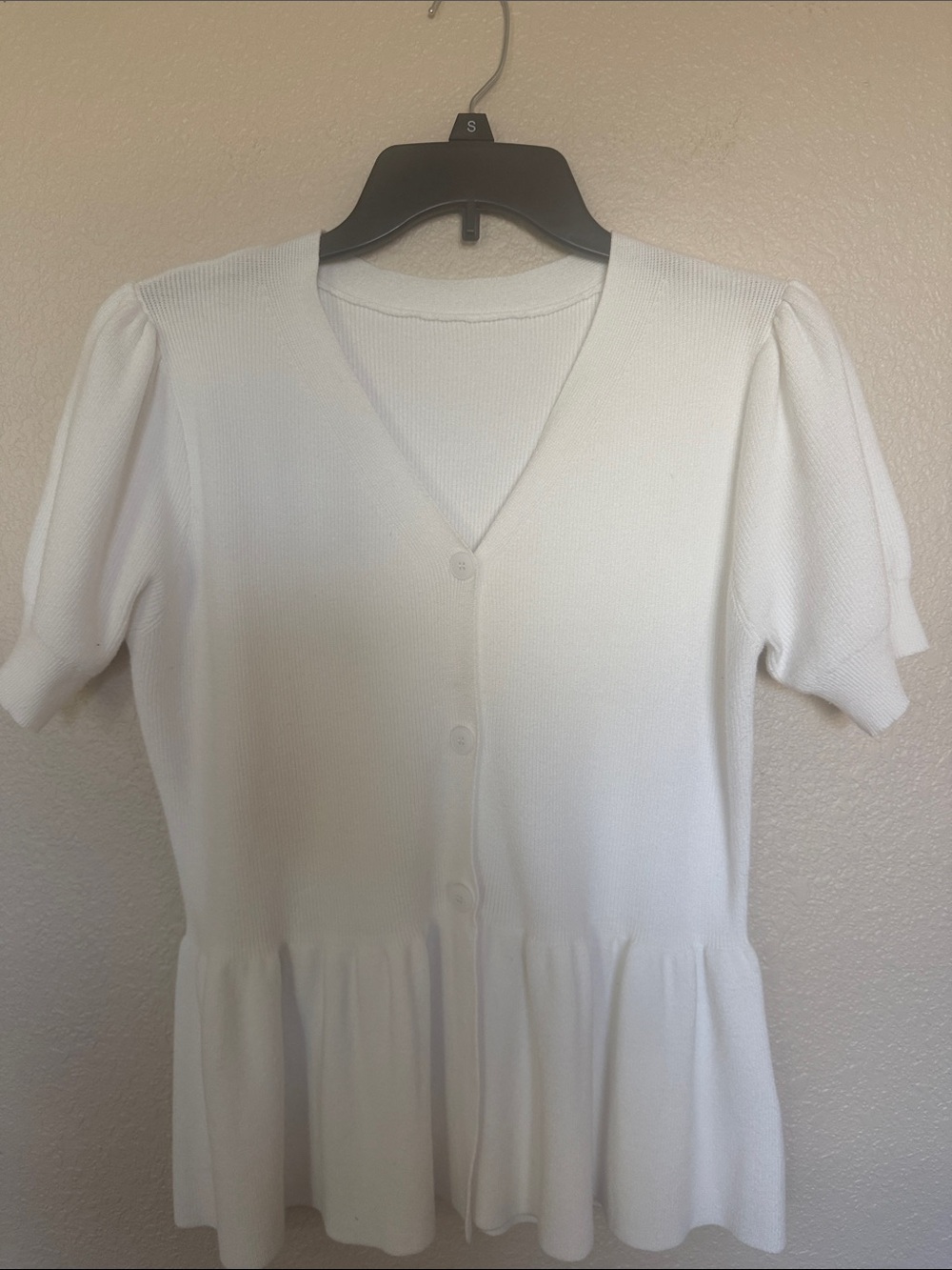 White V-Neck Button Front Peplum Sweater Top